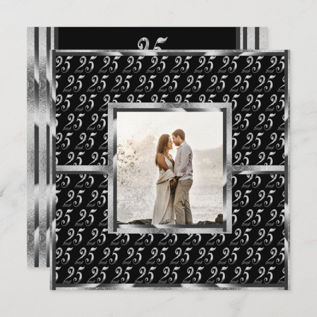 Elegant 25th Wedding Anniversary Black and Silver Invitation (Front/Back)