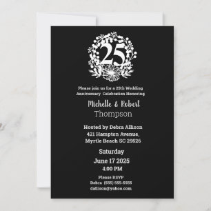 Elegant 25th Wedding Anniversary Black White  Invitation
