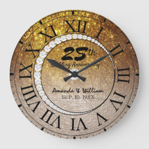 Elegant 25th Wedding Anniversary Gold Glitter Chic Large Clock