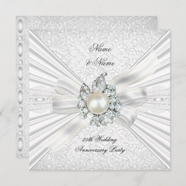 Elegant 25th Wedding Anniversary Party Lace White Invitation (Front/Back)
