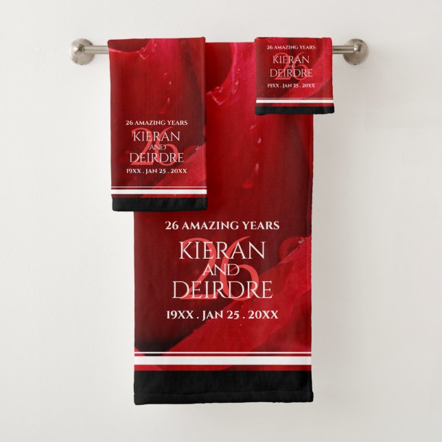 Elegant 26th Rose Wedding Anniversary Celebration Bath Towel Set (Insitu)