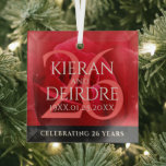 Elegant 26th Rose Wedding Anniversary Celebration Glass Tree Decoration<br><div class="desc">Celebrate the 26th rose wedding anniversary with this commemorative ornament! Elegant white lettering on a romantic red rose background add a memorable touch for this special occasion and extraordinary milestone. Personalise with couple's names,  dates of marriage,  and congratulatory message.

Design © W.H. Sim. See more at zazzle.com/expressionsoccasions</div>