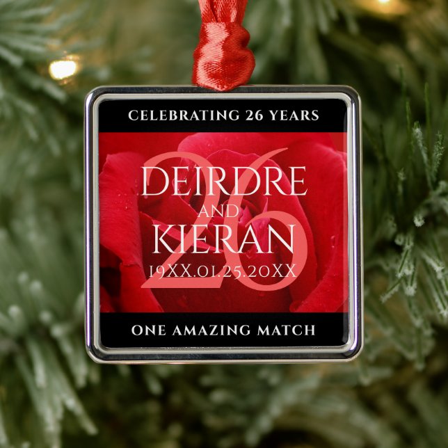 Elegant 26th Rose Wedding Anniversary Celebration Metal Ornament (Tree)