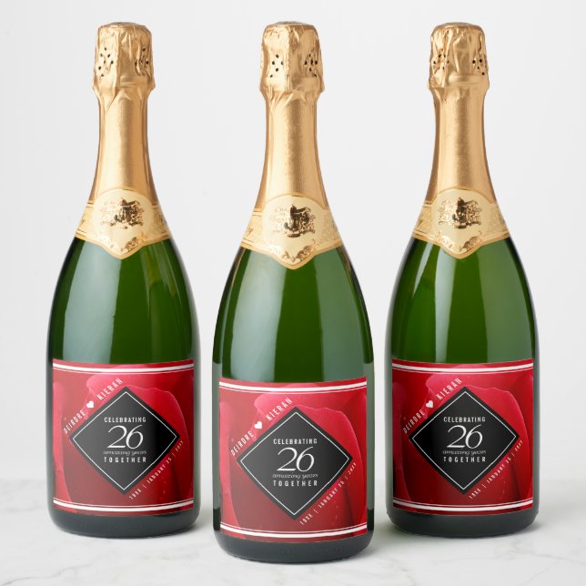 Elegant 26th Rose Wedding Anniversary Celebration Sparkling Wine Label (Bottles)