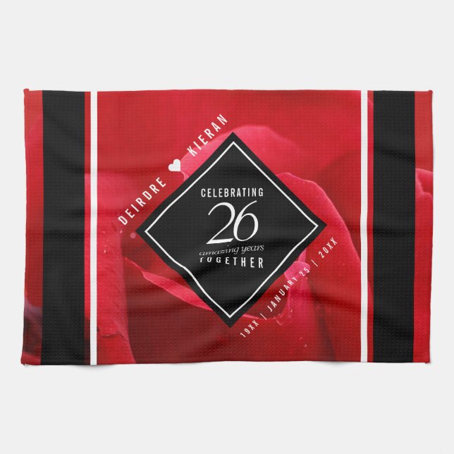 Elegant 26th Rose Wedding Anniversary Celebration Tea Towel (Horizontal)