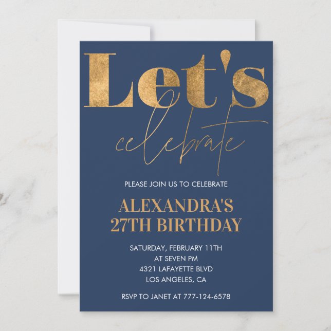 Elegant 27th birthday invitations Navy Gold  (Front)