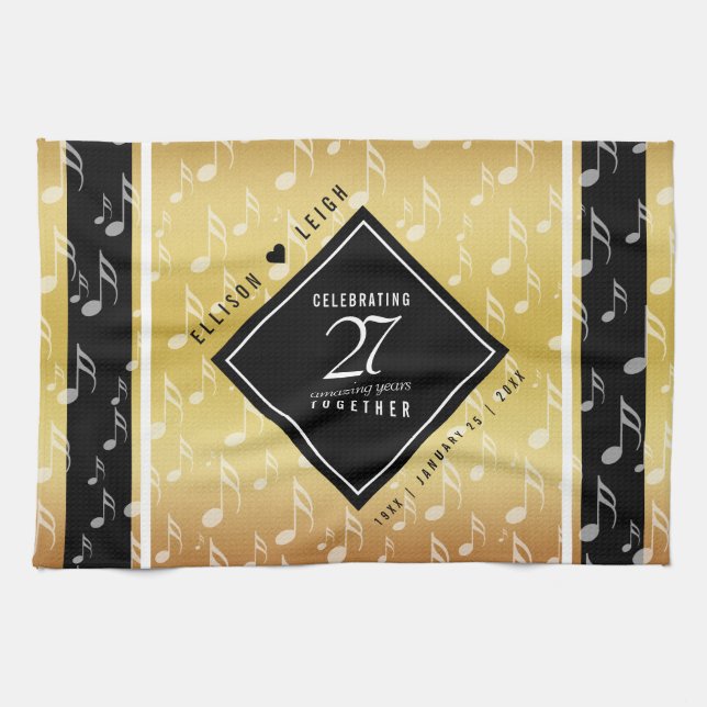 Elegant 27th Music Wedding Anniversary Tea Towel (Horizontal)