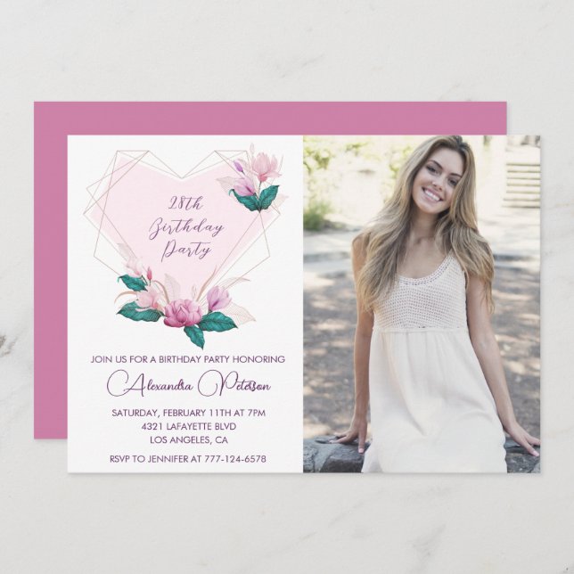Elegant 28th birthday invitations Floral Photo (Front/Back)