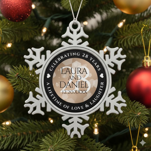 Elegant 28th Linen Wedding Anniversary Celebration Snowflake Pewter Christmas Ornament (28th Linen Wedding Anniversary Snowflake Pewter Ornament Cover Photo)