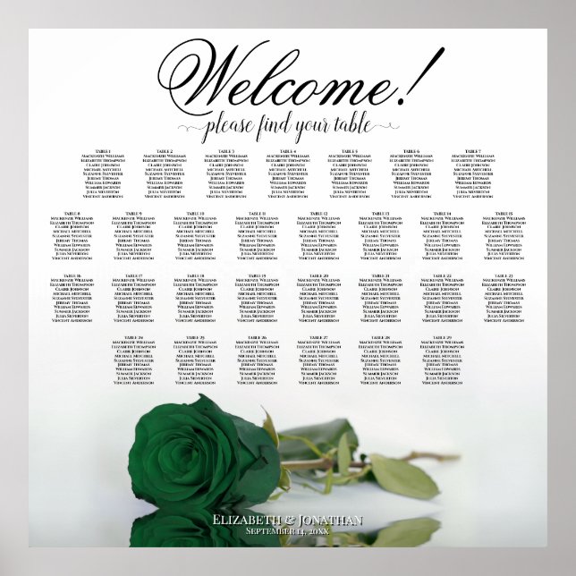 Elegant 29 Table Emerald Green Rose Seating Chart (Front)
