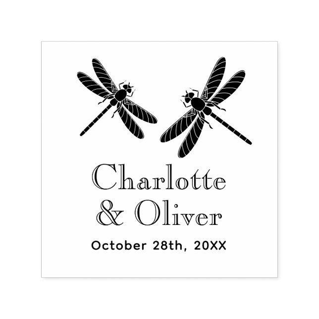 Elegant 2 Dragonflies Couple Names Date Monogram Self-inking Stamp (Design)