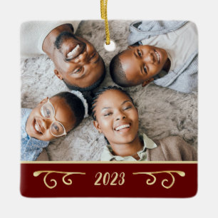 Elegant 2 Photo 2-Sided Family Photo Gold Burgundy Ceramic Ornament