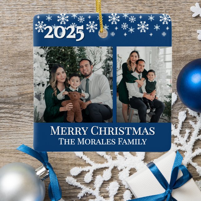 Elegant 2 Photo Blue Keepsake Family Photo Ceramic Ornament (Elegant 2 photo blue christmas ornament keepsake gift idea for mom grandma dad with 2 photos & sides)