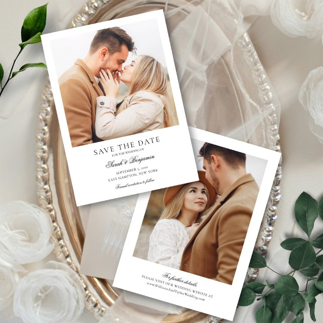 Elegant 2 Photo Classic Formal Wedding Save The Date (This 2-photo save the date has an elegant and minimalist yet classic feel to it for a timeless look)