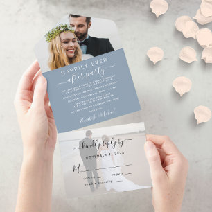 Elegant 2 Photo Dusty Blue Wedding Reception All In One Invitation
