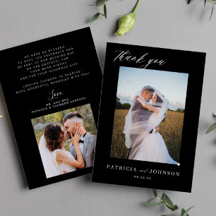 Elegant 2 photo elegant script black wedding thank you card