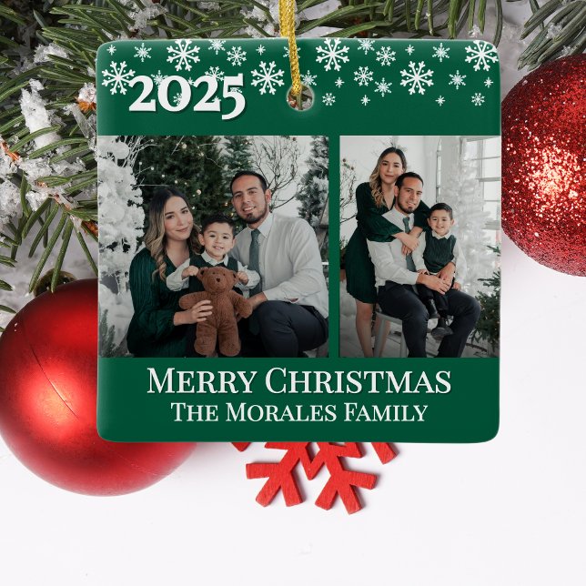 Elegant 2 Photo Green Keepsake Family Photo Ceramic Ornament (Elegant 2 photo two sided christmas ornament keepsake for unique gift from kids to mom grandma dad)