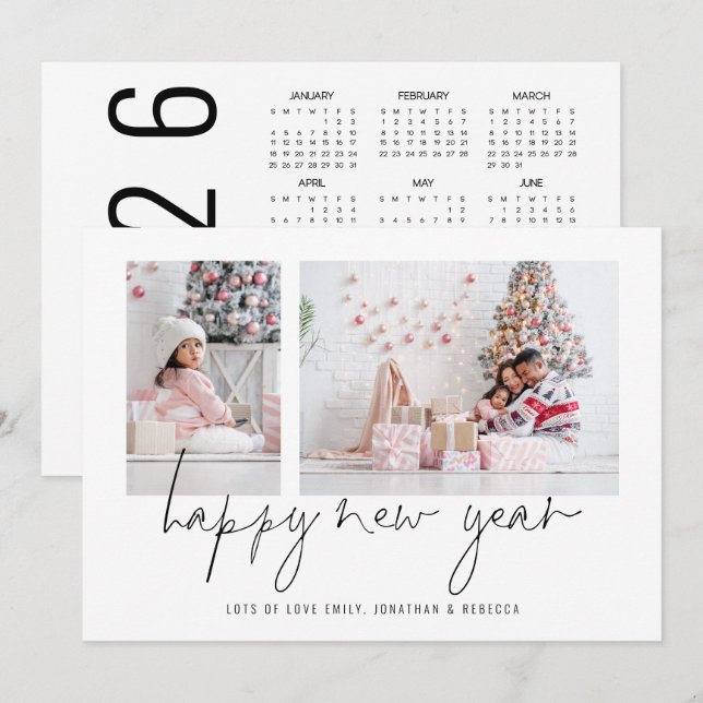 Elegant 2 Photo Happy New Year 2026 Calendar Holiday Card (Front/Back)