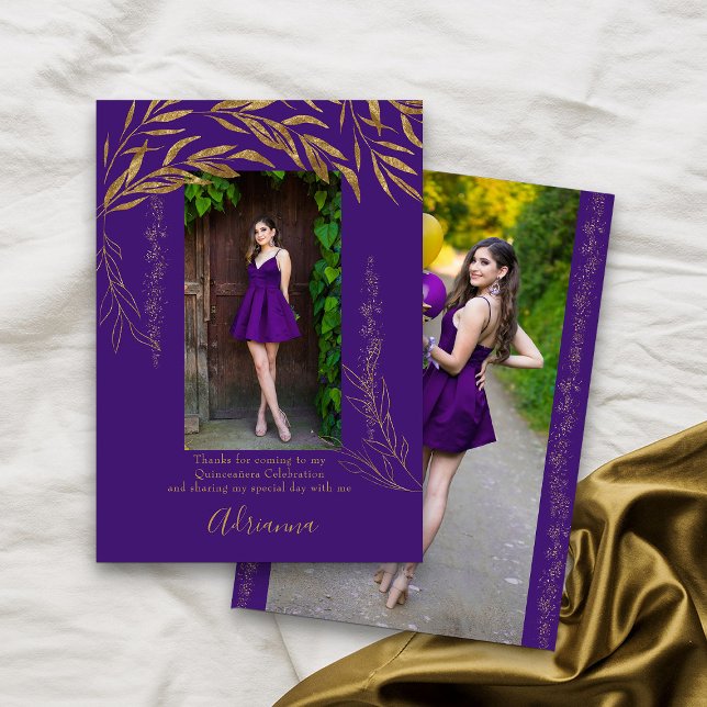 Elegant 2 Photo Purple and Gold Leaf Thank You Card (Purple 2 photo thank you card from my Gold Leaf Quinceanera Collection)