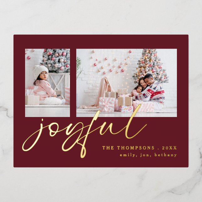 Elegant 2 Photo Script Joyful Christmas Burgundy Foil Holiday Postcard (Front)