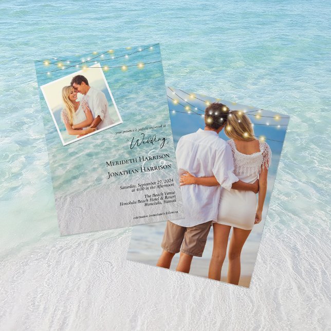 Elegant 2 Photo Seaside String Lights Beach Invitation (Front and back)