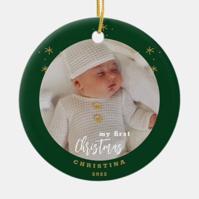 Elegant 2-Sided My First Christmas Baby's Photo  Ceramic Ornament (Front)
