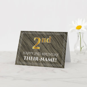 Elegant 2nd Birthday: Faux Wood, Faux Gold Look Card