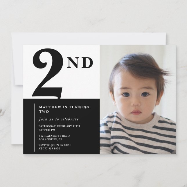 Elegant 2nd birthday invitation Black Chic Modern  (Front)