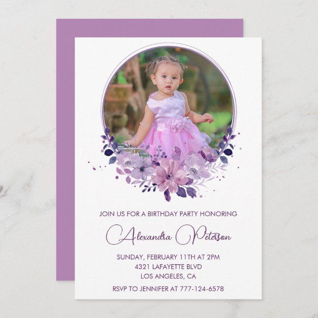 Elegant 2nd birthday invitation Photo Floral Boho (Front/Back)