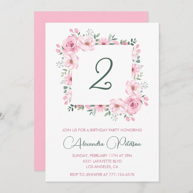Elegant 2nd birthday invitations Floral  Pink (Front/Back)