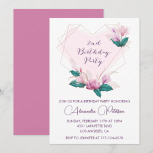 Elegant 2nd birthday invitations Pink flowers