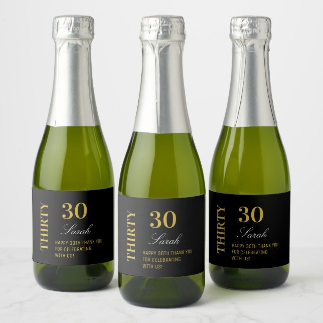 Elegant 30th Birthday Black and Gold Thank You  Sparkling Wine Label (Bottles)
