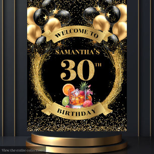 Elegant 30th Birthday Black Gold Party Backdrop Tapestry