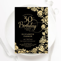 Elegant 30th Birthday Black Gold Roses