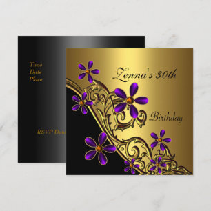 Elegant 30th Birthday Black Purple Gold Floral Invitation