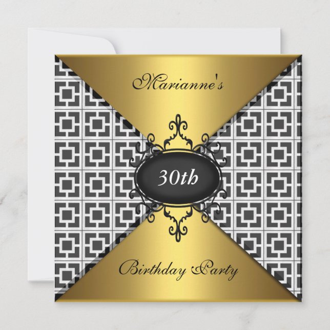 Elegant 30th Birthday Black White & Gold Invitation (Front)