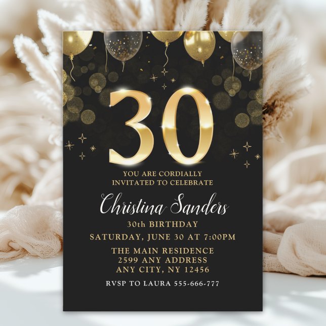 Elegant 30th Birthday Invitation with Gold Ballons (Creator Uploaded)