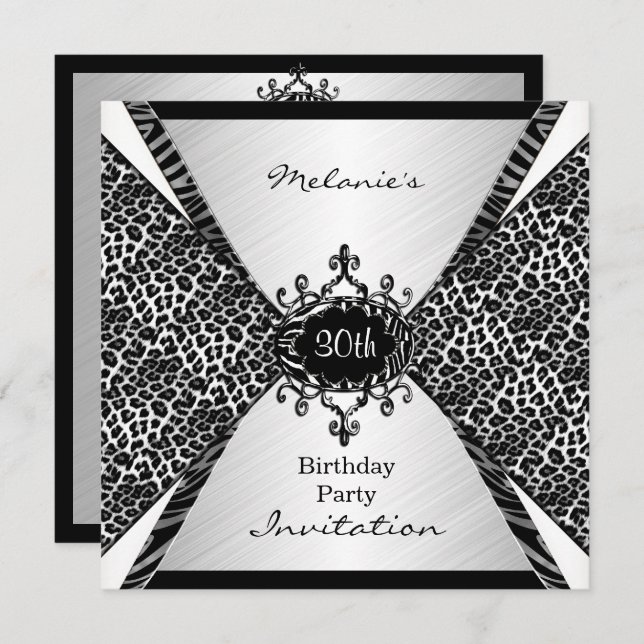 Elegant 30th Birthday Leopard Zebra Black White Invitation (Front/Back)