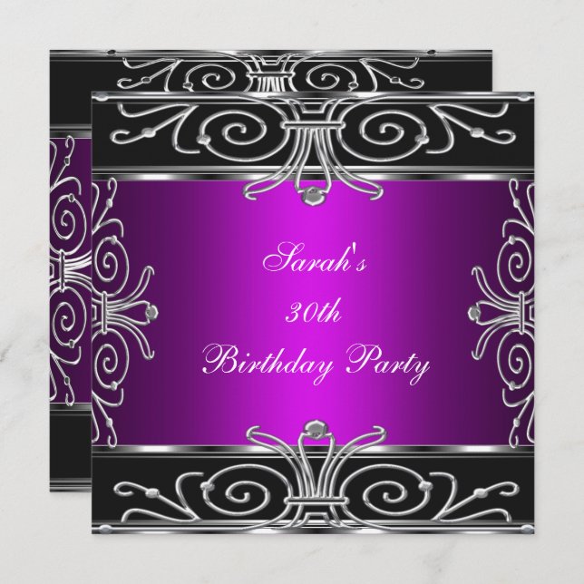 Elegant 30th Birthday Magenta Black Silver Invitation (Front/Back)