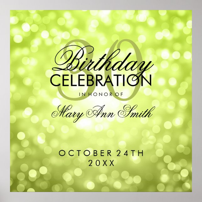 Elegant 30th Birthday Party Glitter Lights Green Poster (Front)