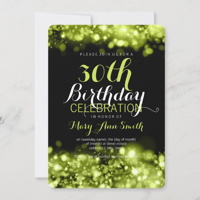 Elegant 30th Birthday Party Green Sparkling Lights Invitation (Front)