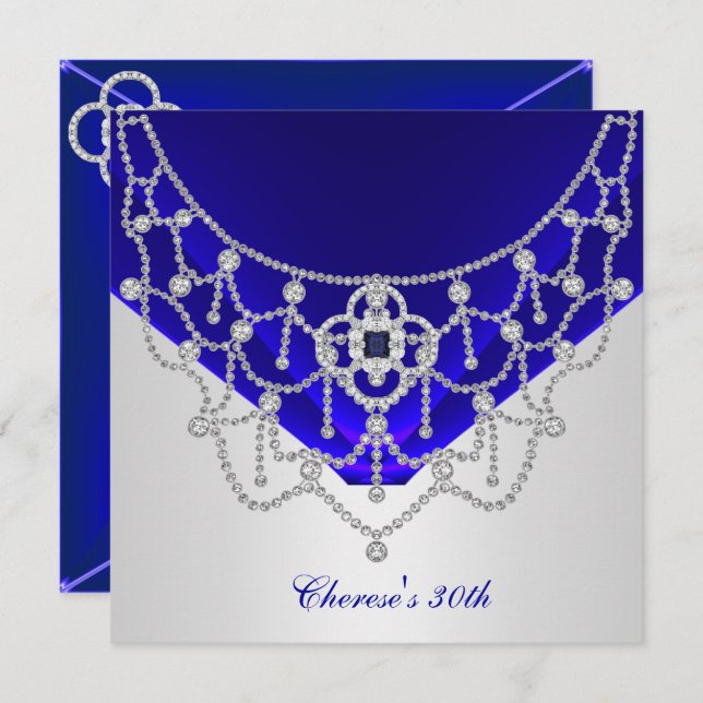 Elegant 30th Birthday Rich Royal Blue Silver White Invitation (Front/Back)