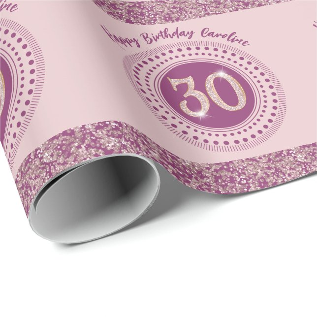 Elegant 30th Birthday Rose Gold Glitter & Stripes Wrapping Paper (Roll Corner)