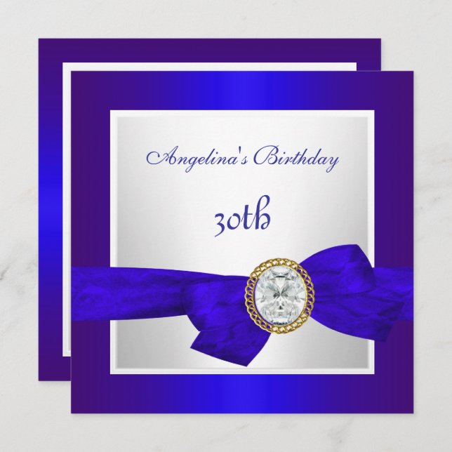Elegant 30th Birthday Royal Blue White Diamond Invitation (Front/Back)