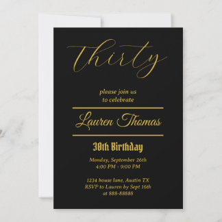 Elegant 30th Birthday Thirty Simple Black and Gold Invitation