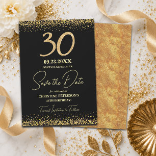 Elegant 30th Black Gold Glitter Birthday Save The Date
