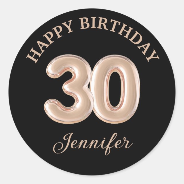 elegant 30th happy birthday rose gold black classic round sticker (Front)