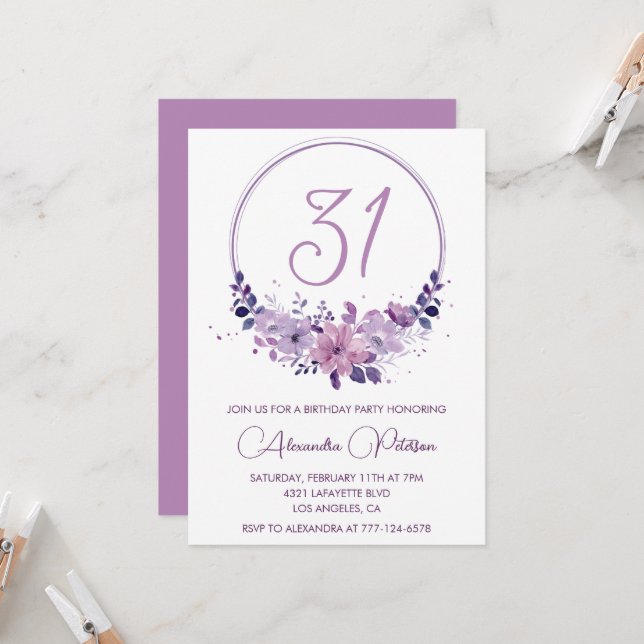 Elegant 31st birthday invitations Floral Purple (Front/Back In Situ)