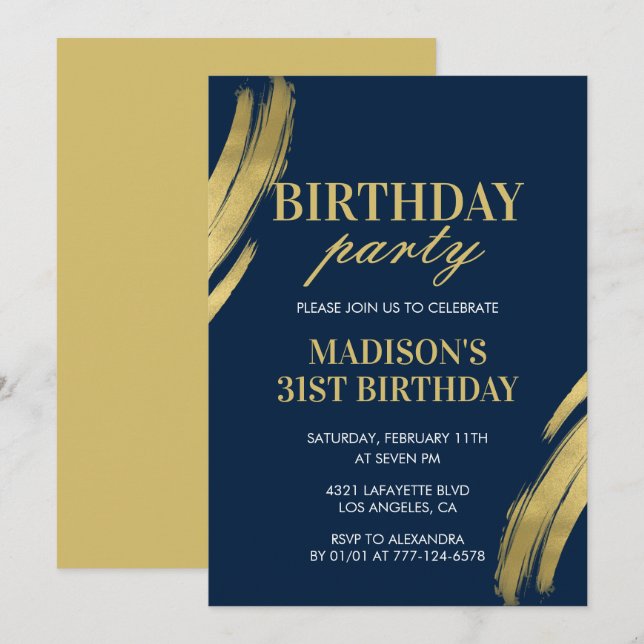 Elegant 31st birthday invitations Party Girl Navy (Front/Back)