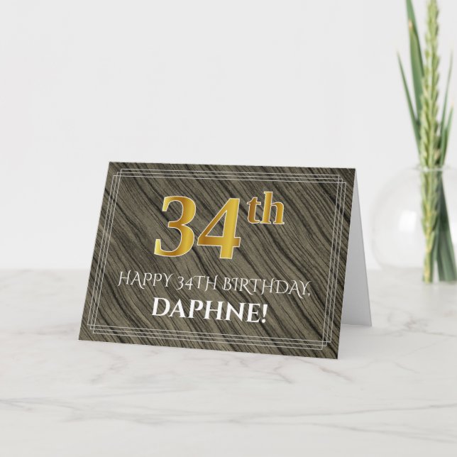 Elegant 34th Birthday: Faux Wood, Faux Gold Look Card (Front)